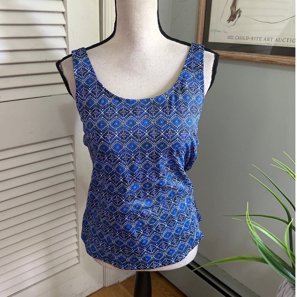 LL Bean Swimwear Womens 12 Blue Tankini Top Geometric Print Beach Summer Resort